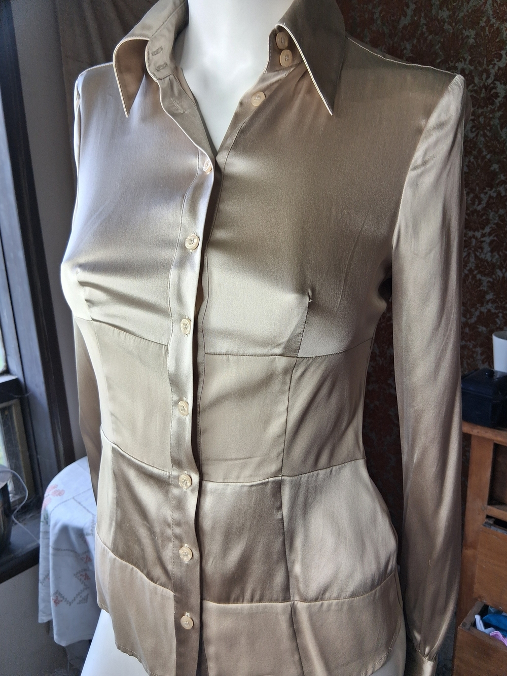 Guess By Marciano Silk Button-Front Blouse in Champagne Xs